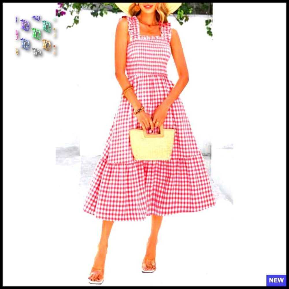 Square Neck Ruffle Strap Smocked Midi Dress Flowy A-Line Gingham Casual Chic - Picture 4 of 7